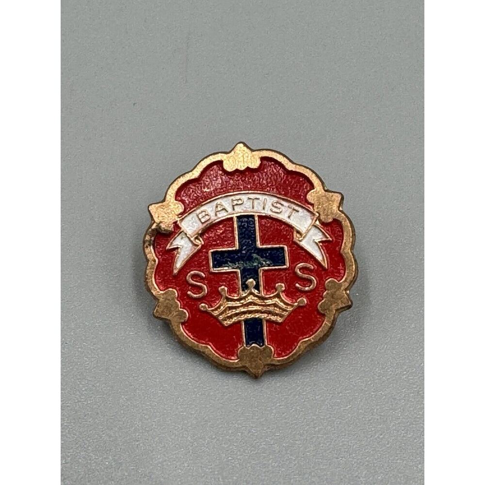 Vintage Church Cross and Crown Red S S Sunday School Baptist Lapel Pin